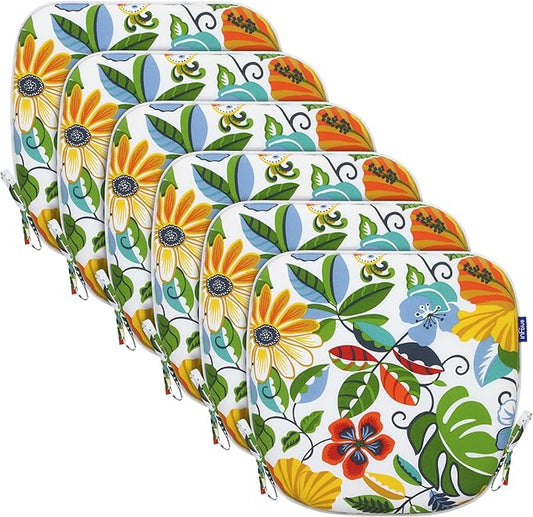 SleepMan Outdoor 17"x16" Chair Cushions with Ties Set of 6, Water Resistant All Weather U-Shape Seat Pads for Patio Garden Furniture Indoor Fade Resistant Patio Cushions (Flower World)