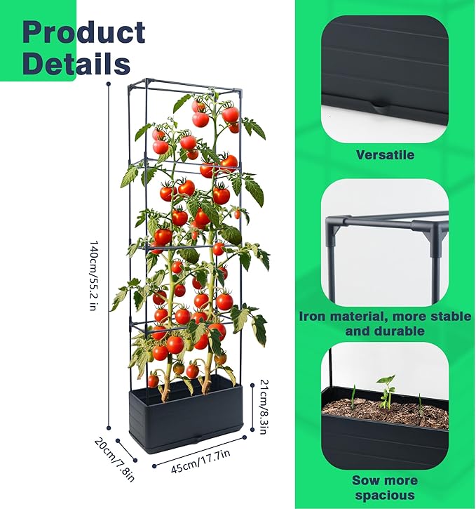 2Pack Raised Garden Bed Planter Boxe with Trellis, 55.2" Self Watering Tomato Planter Box with Trellis for Climbing Vegetable Flowers and Plants, Tomato Cage for Indoor Outdoor Use