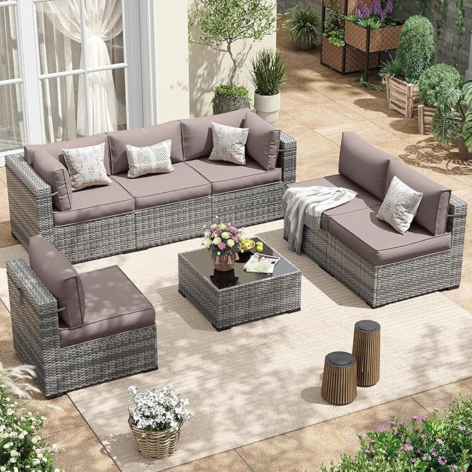 Patio Sectional Cushions, 14-Piece Replacement Cushions for Outdoor Furniture, Water-Resistant Outdoor Sofa Cushion for 6-Seat Rattan Wicker Sectional Conversation Sets (Khaki)