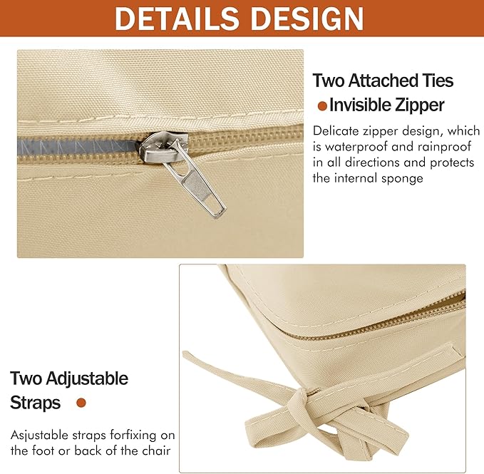 Outdoor Chair Cushions 16 x 17 Inch, Set of 4, Water Resistant Patio Chair Cushions with Tie 3 Year Color Fastness Thick Outdoor Seat Cushion for Garden Lawn Patio Furniture Beige