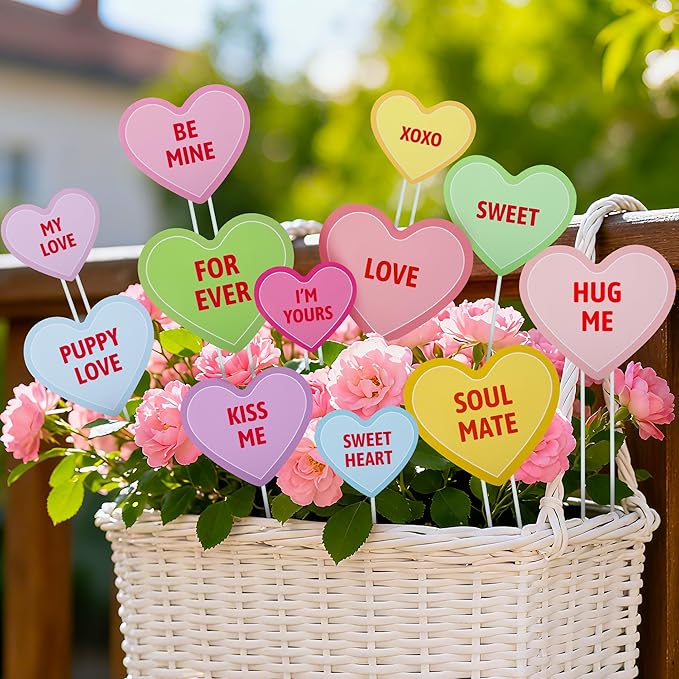 Iceyyyy 12Pcs Valentine's Day Conversation Planter Stakes, Mix Size Candy Heart Planter Stakes, Decorative Valentines Garden Planter Stake Sign for Home Anniversary Party Outdoor Lawn Decor