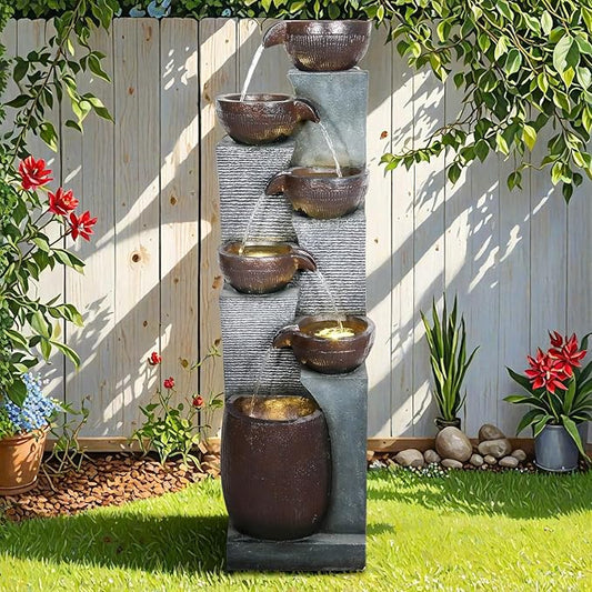 SunJet 6-Tiers Indoor/Outdoor Garden Water Fountain - 53.5inches Modern Floor-Standing Cascading Water Feature - Suitable for Deck, Patio, Porch, Yard Decor