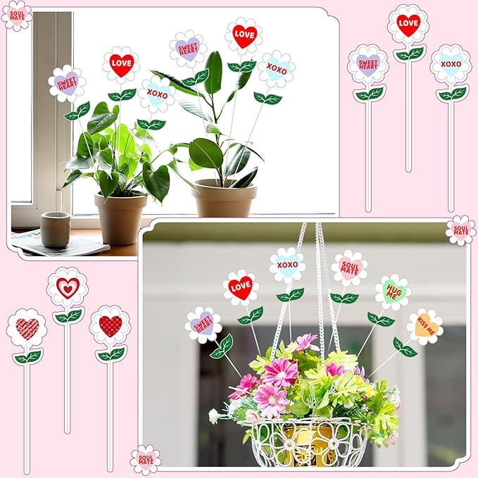 BreezeHug 6 Pcs 3.9 Inch Valentine's Day Heart Shaped Conversation Flower Stakes Outdoor Garden Planter Stakes Sign Valentine Flower Stick Pink Red Decorative for Anniversary Yard Patio(Colorful)