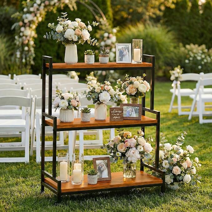 Flower Cart Display Stand with Wheels - Solid Wooden Plant Stand Shelf Outdoor - 3 Tier Patio Rolling Flower Stand - Ladder Folwer Holder Stand 37''x31'' for Florist, Garden, Wedding, Living Room, Burnt Yellow