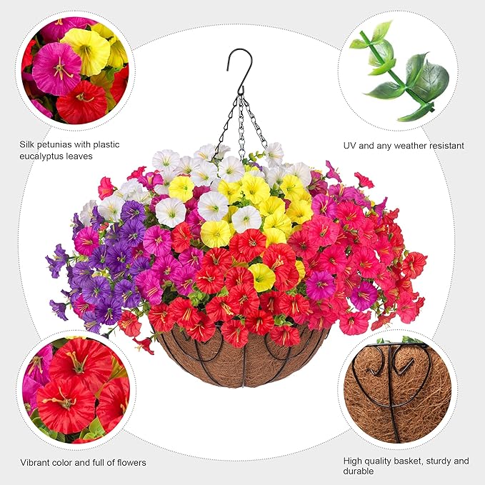 2 Set Artificial Hanging Flowers Fake Plants Baskets for Outdoors Spring Decor , 24 Pcs UV Resistant Faux Morning Glory with 2 Hanging Planters Realistic Silk Flowers for Outside Porch Patio Outdoor
