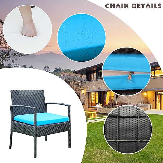 PROHIKER Patio Porch Furniture Set, 3 PCS Outdoor Patio Furniture with Rattan Chairs, Table, Blue Cushions for Garden Porch Balcony Yard