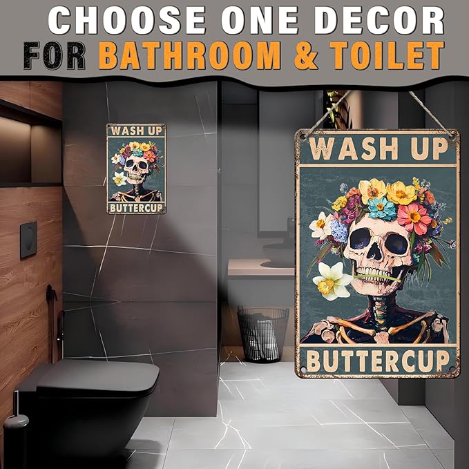 Skeleton Metal Sign Wash Up Buttercup Funny Skull Vintage Tin Sign for Wall Art Decor Home Bathroom Toilet Decoration 8x12inch