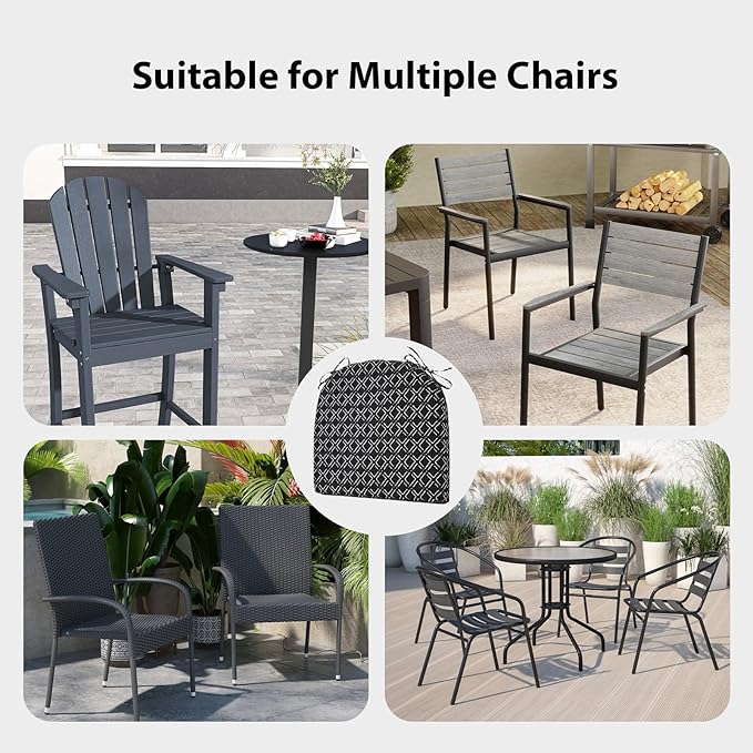 Outdoor Chair Cushions Set of 4, 17 x 16 Inch Patio Chair Cushions for Outdoor Furniture, Water Resistant, Non-Slip Ties (Black Geometry)