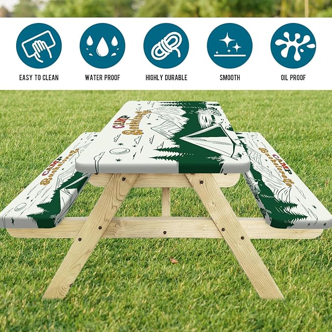 3PCS Picnic Table Cover with Bench Cover Green Forest Tent Torch Pattern Camping Tablecloth Fitted Picnic Table Cover with Elastic Windproof Waterproof, Outdoor & Garden Camping Accessories 96IN