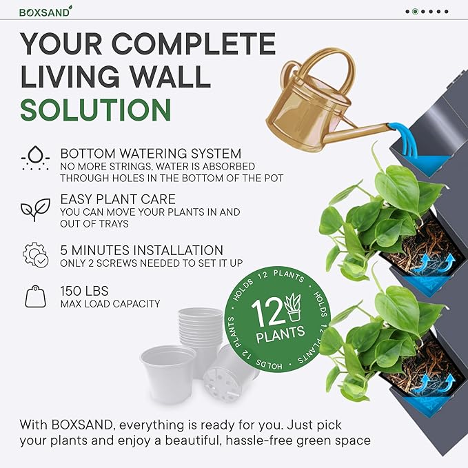 BOXSAND-12 Vertical Wall Planter (24"x26", White with Black Pots) – Living Wall for 12 Plants, Indoor/Outdoor Vertical Garden System, Easy 2-Screw Install