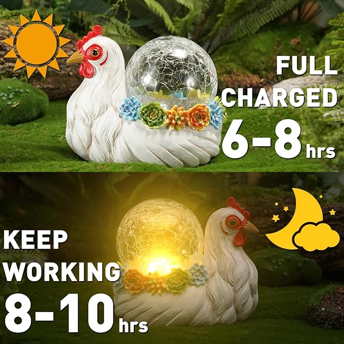 Solar Hen Garden Statue Lights for Outdoor Decor with Cracked Glass LED Ball Figurine Lighting Resin Succulent White Chicken Decorations for Patio Lawn Yard Valentine Gifts for Mom Wowen