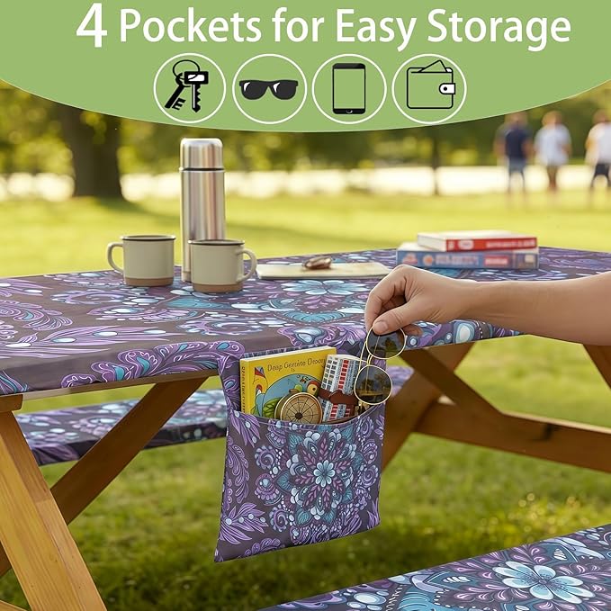 Fitted Waterproof Picnic Table Cover with Bench Covers Elastic Reusable Camping Table Cloths for 8Ft Rectangle Tables Summer Camp Motorhome Party Gear Outdoors Car Travel Trailer Gadgets Gift
