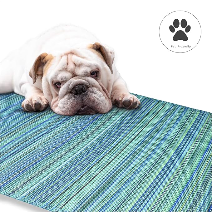 Fab Habitat Outdoor Rug - Waterproof, Fade Resistant, Crease-Free - Premium Recycled Plastic - Striped - Patio, Deck, Porch, Balcony, Laundry Room - Cancun - Turquoise & Moss Green - 4 x 6 ft