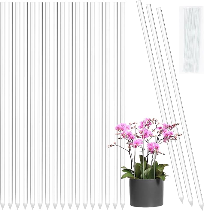 Plant Stakes Acrylic Clear Orchid Support Sticks 20 Pcs with Twist Ties for Grow Upright Holder (15.7 Inch)
