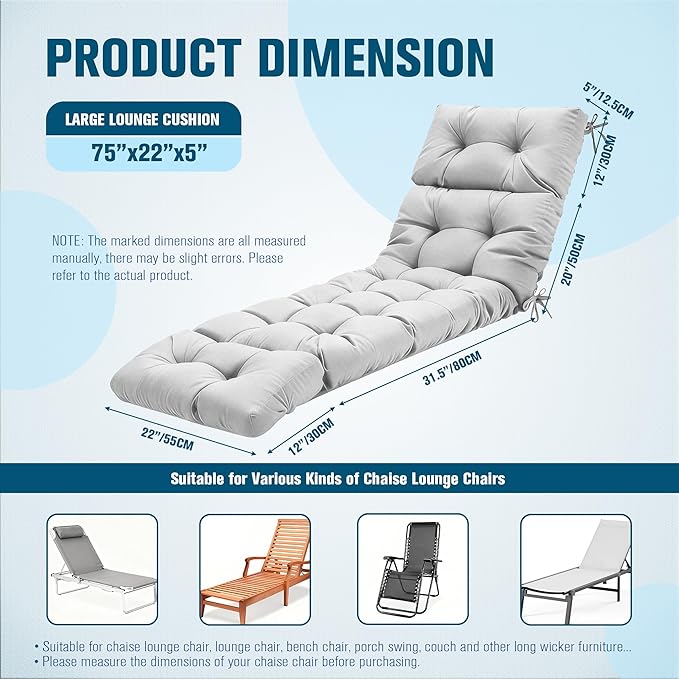 MTMR Chaise Lounge Cushion Outdoor, Non-Slip Chair Cushion for Patio Furniture, Waterproof Outdoor Replacement Seat Pad for Pool Lawn Wicker Couch Bench Loveseat, Long Thick Lounge Cushion, Grey