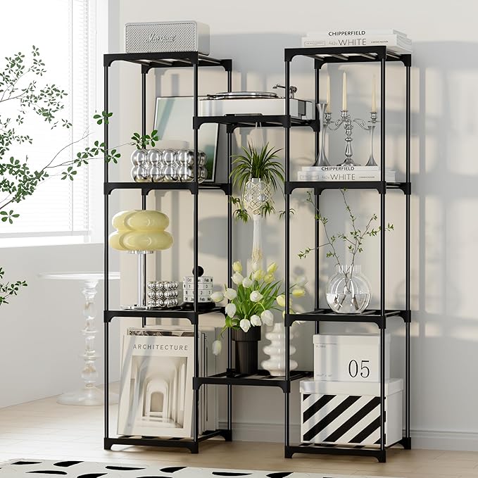 Plant Stand Indoor Outdoor Plant Shelf Stand, 4 Tiers 10 Pots Large Potted Metal Flower Plant Rack for Multiple Plants, Hanging Tall Planter Holder for Patio Balcony Living Room Corner Porch Garden Boho Decor Black