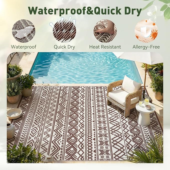 MontVoo Outdoor Rug 8x10 Waterproof Outdoor Patio Rug Mat Reverisble Plastic Straw Outdoor Rug for RV Camping Picnic Beach Balcony Boho Beige Brown
