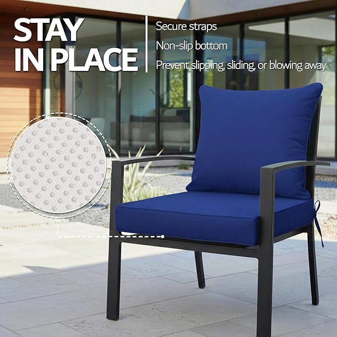22x22 Inch Patio Chair Cushions Set of 2, Outdoor Furniture Cushions - Removable Cover, Water-Repellent, Fade-Resistant, Non-Slip Bottom & Straps, Replacement for Lawn, Porch & Deck Chair - Navy