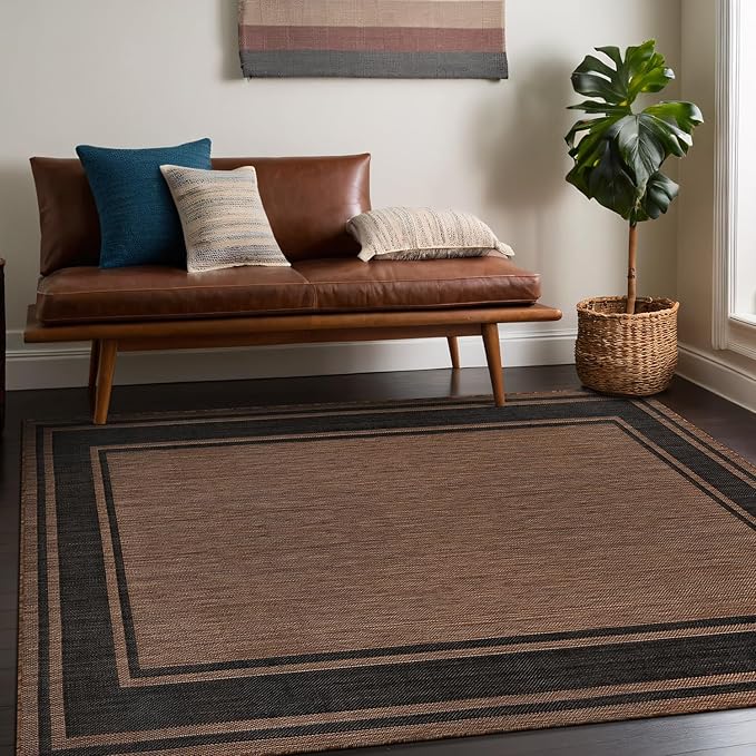 Beverly Rug Outdoor Rug 5x7 Modern Bordered Area Rugs for Indoor and Outdoor Patio Deck Porch Garden Waterproof Weather Sun Resistant Washable Outside Carpet (5 x 7 Gold)