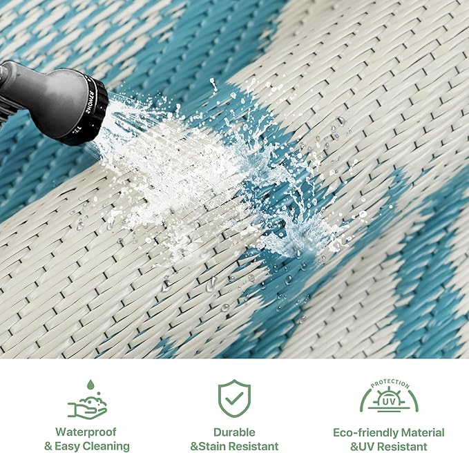 GENIMO Outdoor Rug Waterproof for Patio Decor, 6' x 9' Reversible Plastic Straw Floral Camping Carpet, Large Area Rugs Mats for RV, Camper, Deck, Balcony, Porch, Beach, Picnic, Blue & Beige
