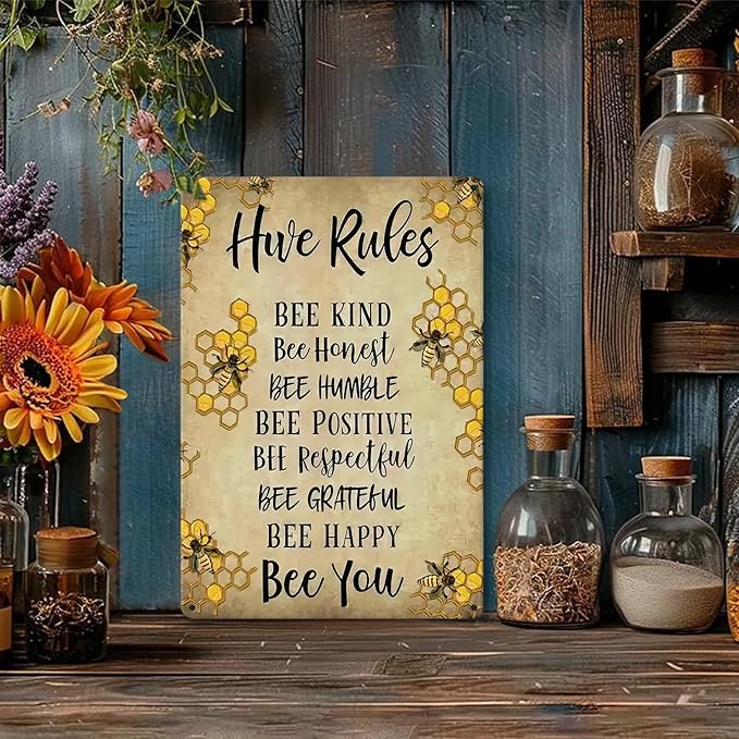 Vintage Hive Rules Metal Tin Sign "BEE KIND BEE HUMBLE Bee POSITIVE BEE Bee Respectful BEE GRATEFUL BEE HAPPY Bee You" Retro Wall Decor for Home Cabin Yard Backyard Decorations (8x12 Inch)