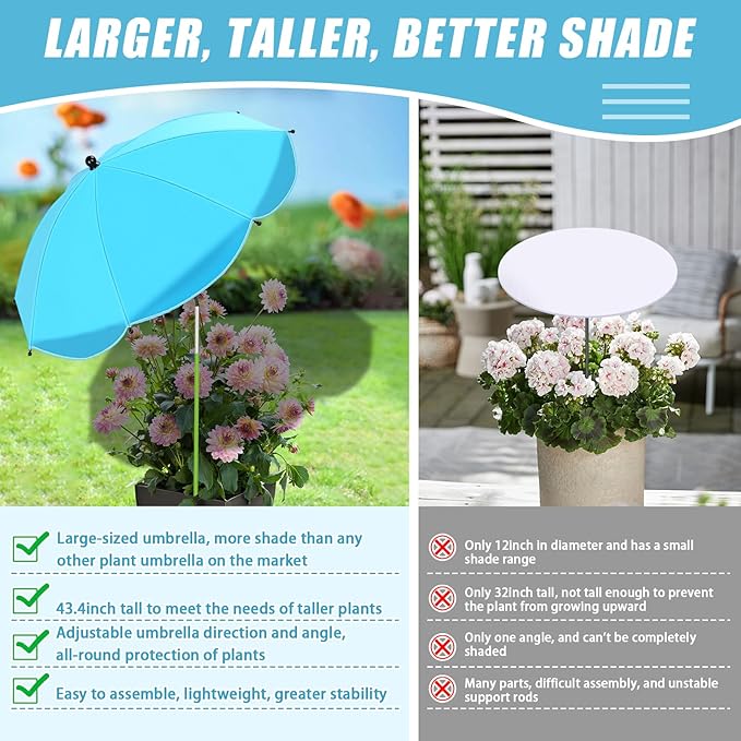 4 Pack Upgraded Plant Umbrellas for Outdoor Plants, 26" Larger Garden Plant Umbrella Shade with Adjustable Angle, 43.4" Higher Sun Shade for Plants, Potted Plant, Garden Beds