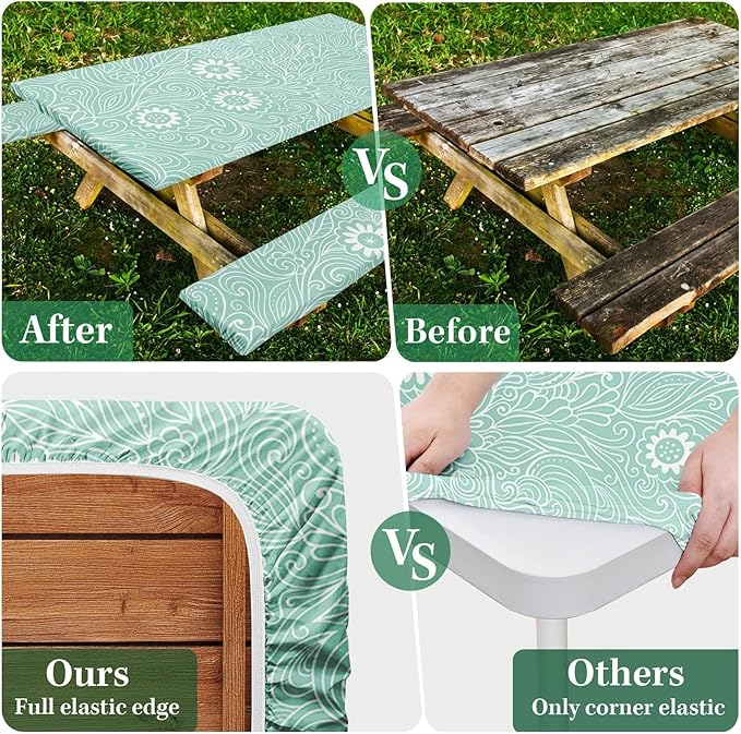 Picnic Table Cover with Bench Covers Elastic Edges, Boho Camper Fitted Table Cover, Outdoor Patio Camping Essentials 72 Inch 3PCS, Waterproof Camping Fitted Tablecloth with Drawstring Bag
