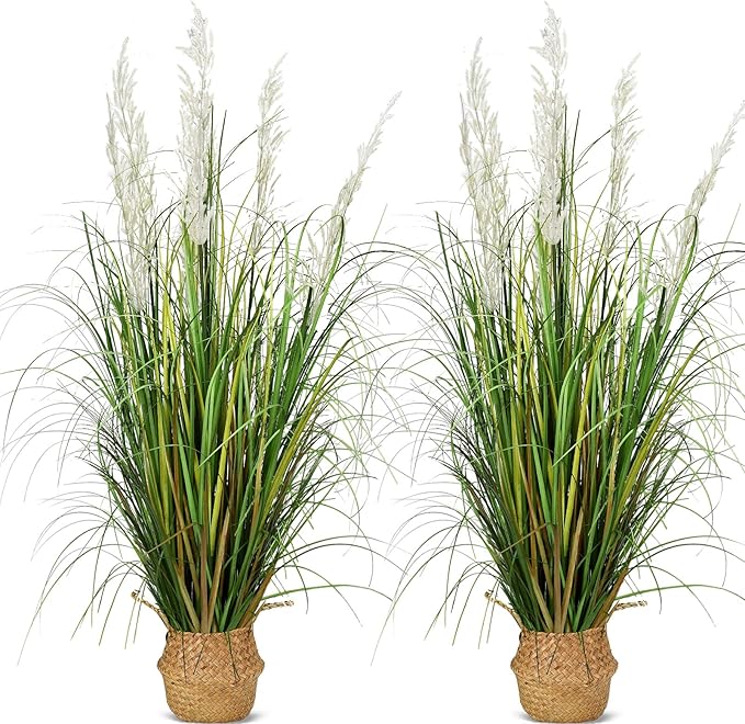 2 Pcs Artificial Plants Grass 47in Tall Large Fake Pampas Outdoor Faux Floor Plant in Pot UV Resistant for Front Porch Patio Garden