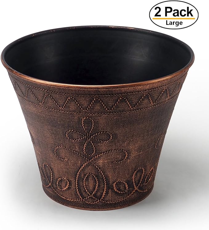 Large Fancy Decorative Planter (2 Pack) Rustic French Country Look Flowerpot Nursery Pot for Indoor, Outdoor, Garden, Patio, Office, Home Decor Use. Long Lasting, Reusable Light Weight (Copper-L)