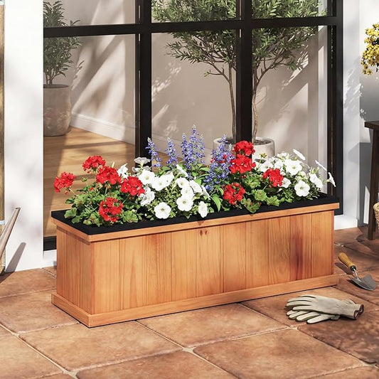 Giantex Outdoor Raised Garden Bed, 28” x 10” x 10” Pine Wood Planter Box with 3 Drainage Holes, Removable Bottom & Bed Liner, Rectangular Flower Container for Vegetables, Herbs, Indoor & Outdoor