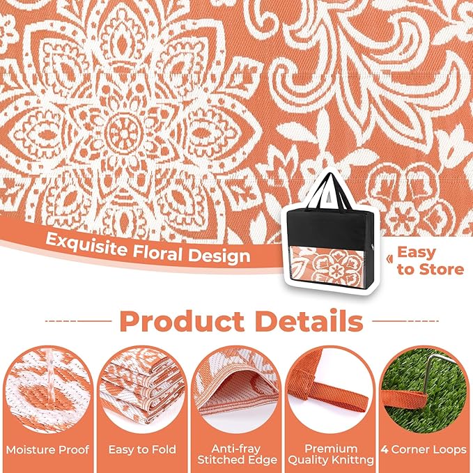 Findosom Waterproof Outdoor Rug 8' x 10' - Reversible Mandala Outdoor Plastic Straw Rug, Durable Foldable Patio Rug for RV, Deck, Balcony, Backyard, Picnic, Porch, Camping, Beach, Orange