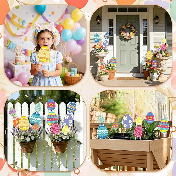 12 Pcs Easter Planter Stakes Egg Shaped Garden Signs Outdoor Decorations Decorative Cute Colorful Egg Yard Stakes for Easter Party Home Outside Potted Planter Lawn Patio Porch Supplies