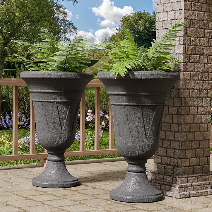 23.6" Tall Plastic Urn Planters for Outdoor Plants, Set of 2 Heavy-Duty Classic Indoor Large Flower Pots with Drainage Holes & Trophy Design, Outdoor Planters for Porch, Home Garden, Dark Grey