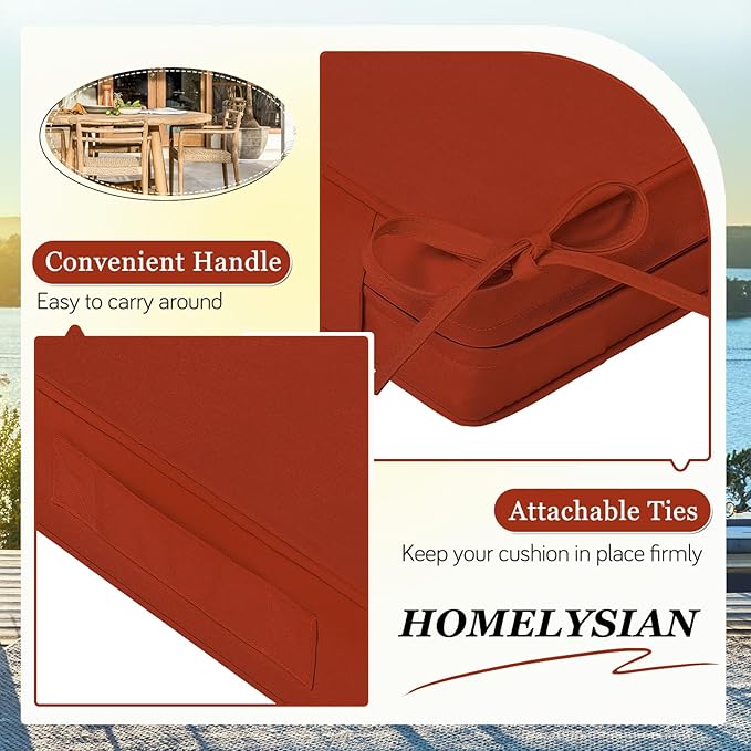 Waterproof Outdoor Chair Cushions Set of 2, Square Outdoor Seat Cushions with Ties and Removable Covers, 19 x 19 Outdoor Cushions for Patio Furniture with Portable Handle(Rust)