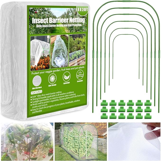 Cludoo Garden Mesh Netting Kit,8x24 ft Plant Covers Garden Netting with 6 Sets Garden Hoops & 18 Clips, Garden Protection for Raised Beds Greenhouse Vegetable Plants Flowers Animals Birds