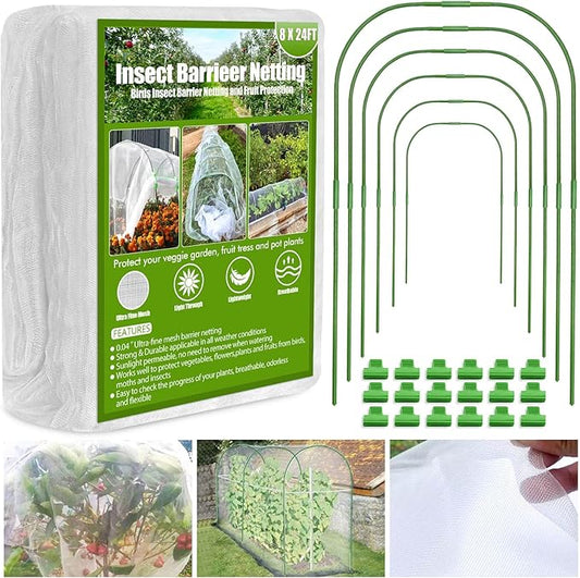 Cludoo Garden Mesh Netting Kit,8x24 ft Plant Covers Garden Netting with 6 Sets Garden Hoops & 18 Clips, Garden Protection for Raised Beds Greenhouse Vegetable Plants Flowers Animals Birds