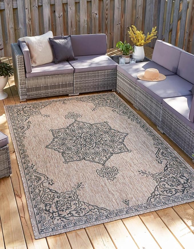 Unique Loom Outdoor Traditional Collection Area Rug - Antique (10' x 14' 1" Rectangle Beige/Black)