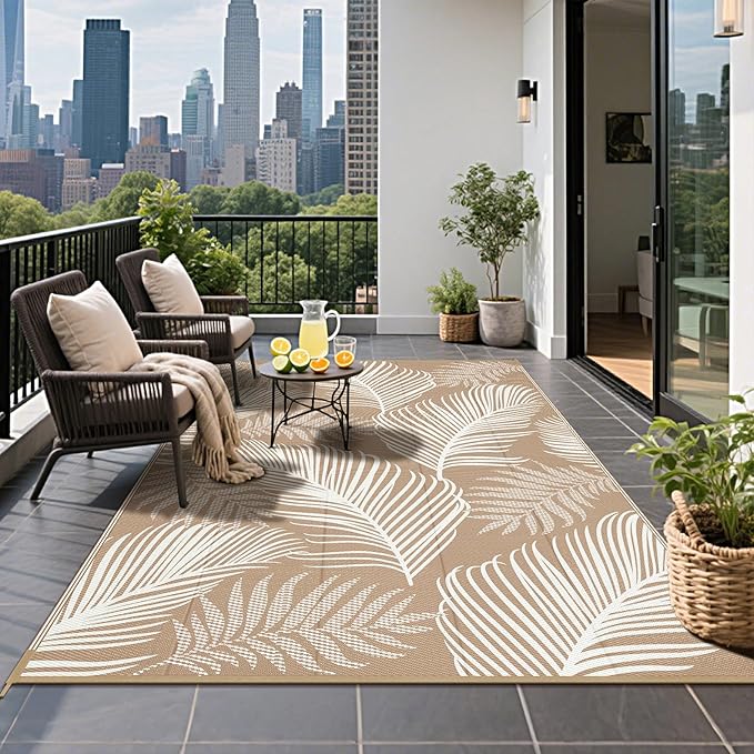Pauwer Waterproof Outdoor Rug 6x9, Reversible Plastic Straw Patio Camping Rug, Indoor Outdoor RV Mat Carpet for Deck, Camper, Porch, Balcony, Backyard, Picnic, Leaf Brown