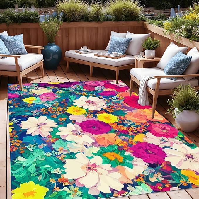Modern Floral 6x9 Outdoor Area Rug Contemporary Aesthetic Green Pink Flower Texture Rug for Balcony Patio Deck Porch Washable Reversible Garden Large Carpet Waterproof Backyard Mat