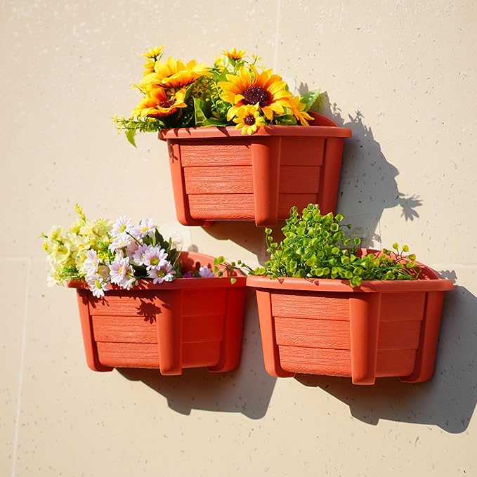 ORIMERC 9.8 inch 4 Pack Brick Red Wall Hanging Planters Pots for Indoor Plants, Wall Plants Holder with Drainage Hole, Balcony planters Railing Hanging Pot, Plant Wall Mount Decor with Hook/Screws