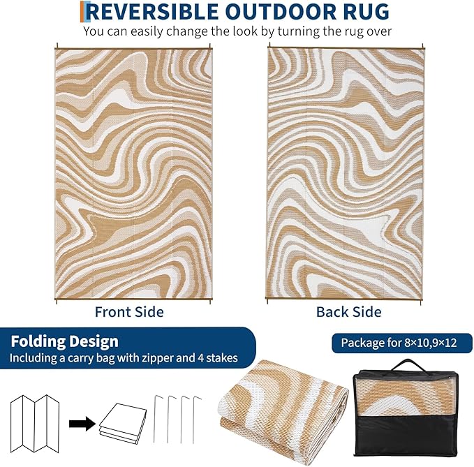 9x12 Outdoor Rug Waterproof Foldable Plastic Straw Carpet for Patio Porch Modern Abstarct Reversible Mat Lightweight Floor Mat for Picnic, Beach, Deck, Camper, Balcony，Brown/Coffee/White