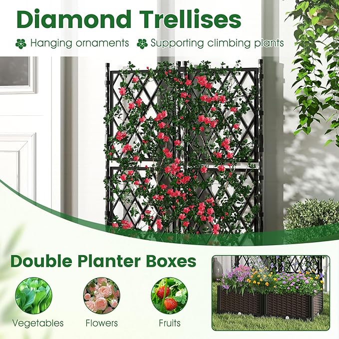 HAPPYGRILL Raised Garden Bed with Trellis, Double Self-Watering Planter Boxes w/Drain Holes for Climbing Vines Flowers Vegetables, Indoor Outdoor Tall Plant Support Privacy Fence for Backyard Balcony