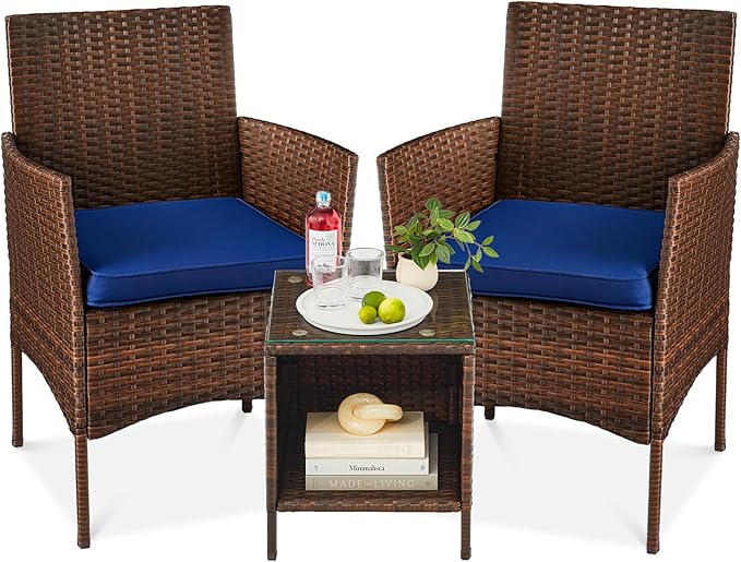 Best Choice Products 3-Piece Outdoor Wicker Conversation Bistro Set, Space Saving Patio Furniture for Garden w/Side Table - Brown/Navy