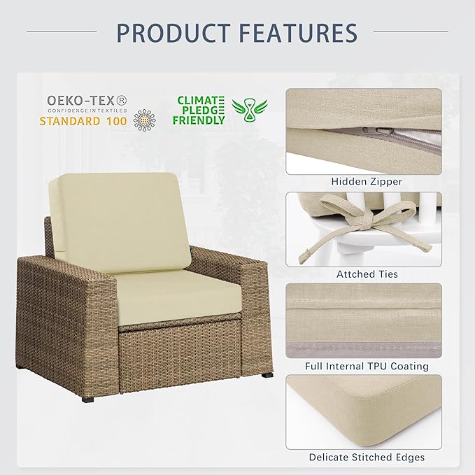 Favoyard Outdoor Deep Seat Cushion Set, Rainproof & 3-Year Fade Resistant Patio Furniture Cushions with Removable Seat Bottom & Back Cushion Covers for Chair, Sofa, Beige (Seat 24x24In Back 24x20In)