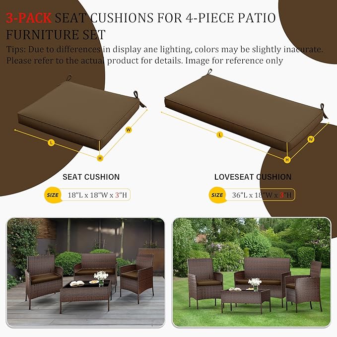 3 Pack Outdoor Replacement Cushions, Fit for 4-Seater Wicker Rattan Patio Conversation Set, 36x18x3,18x18x3, Liner & Cover