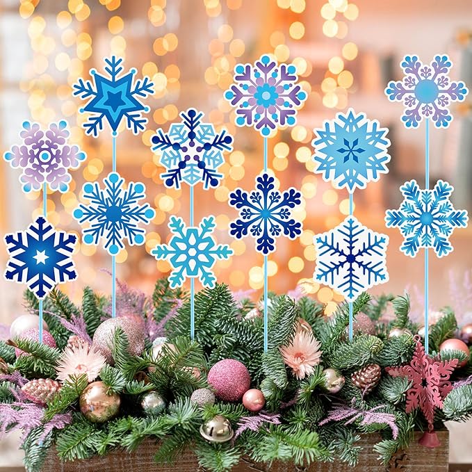 Zonon 12pcs Winter Garden Decorations Winter Snowflake Metal Planter Stakes for Patio Lawn Planter Pot Xmas Nutcracker Gingerbread Yard Stake Signs Outdoor Lawn Decor Party Favor(Snowflake)