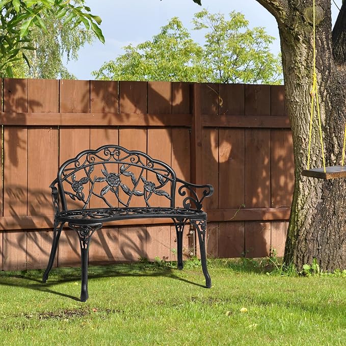 Outvita Patio Garden Bench, 38" Cast Aluminum Outdoor Chair Anti-Rust Weather Resistant Patio Bench Rose Pattern Bench for Front Porch, Backyard, Lawn