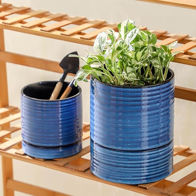 HASENSE Ceramic Self Watering Pots for Indoor Plant, 6 Inch Planter with Drainage Hole & Water Storage Saucer for Indoor & Outdoor Plants, Reactive Glaze Blue