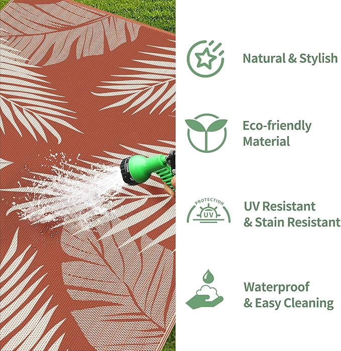 GENIMO Outdoor Rug 10' x 14' Waterproof for Patios Clearance, Reversible Plastic Straw Camping Carpet, Large Area Rugs Mats for RV, Picnic, Backyard, Deck, Balcony, Porch, Beach, Brick&Red