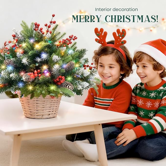 2 Pack Artificial Christmas Urn Filler,20" MUL-ti Color 50 LED Outdoor/Indoor Trees with 8 Modes & Auto Timer,Waterproof Battery Box & Stakes,Includes Pine Cones & Red Berries for Holiday Decor